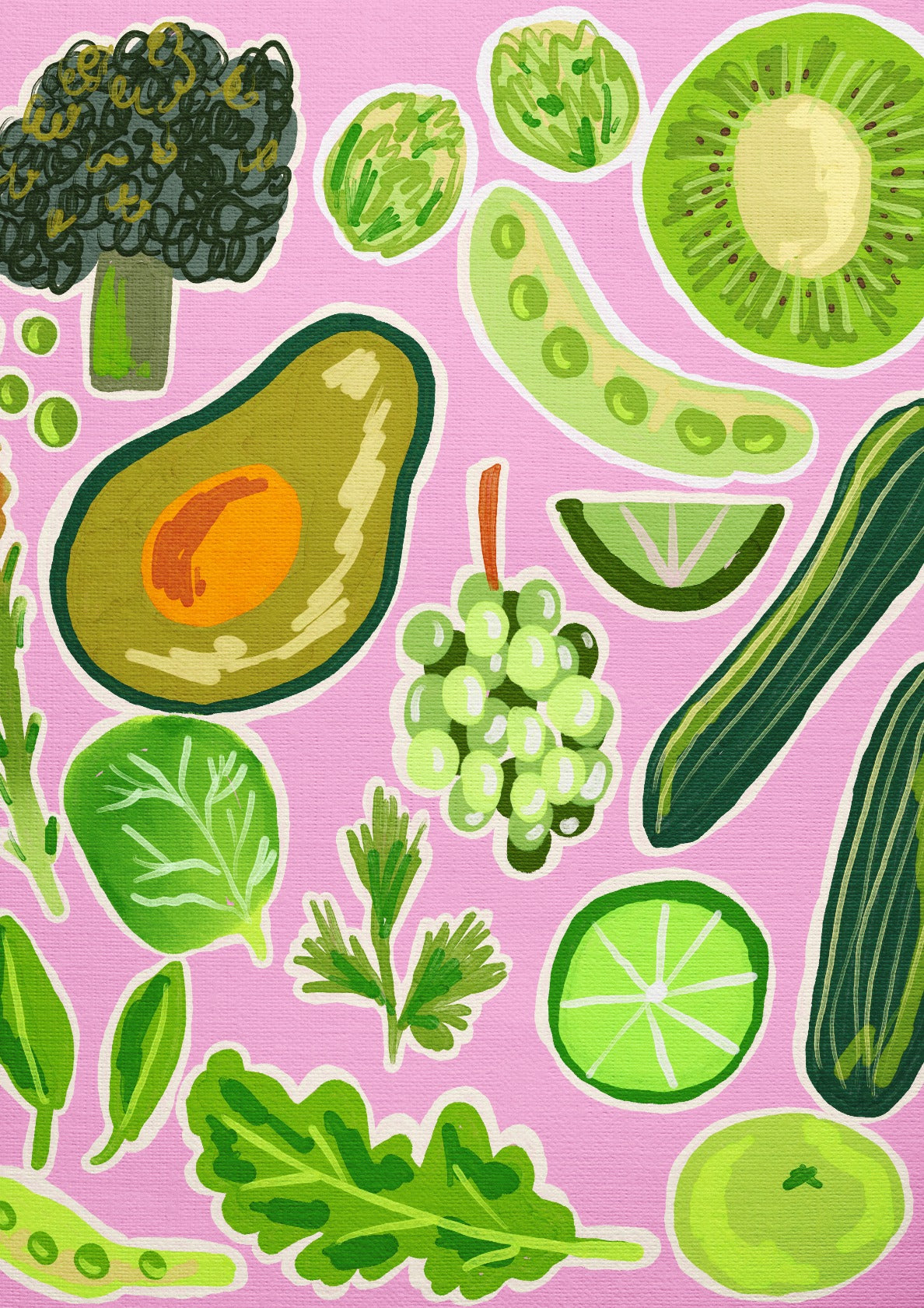Vibrant Green Fruits and Vegetables Art Pink