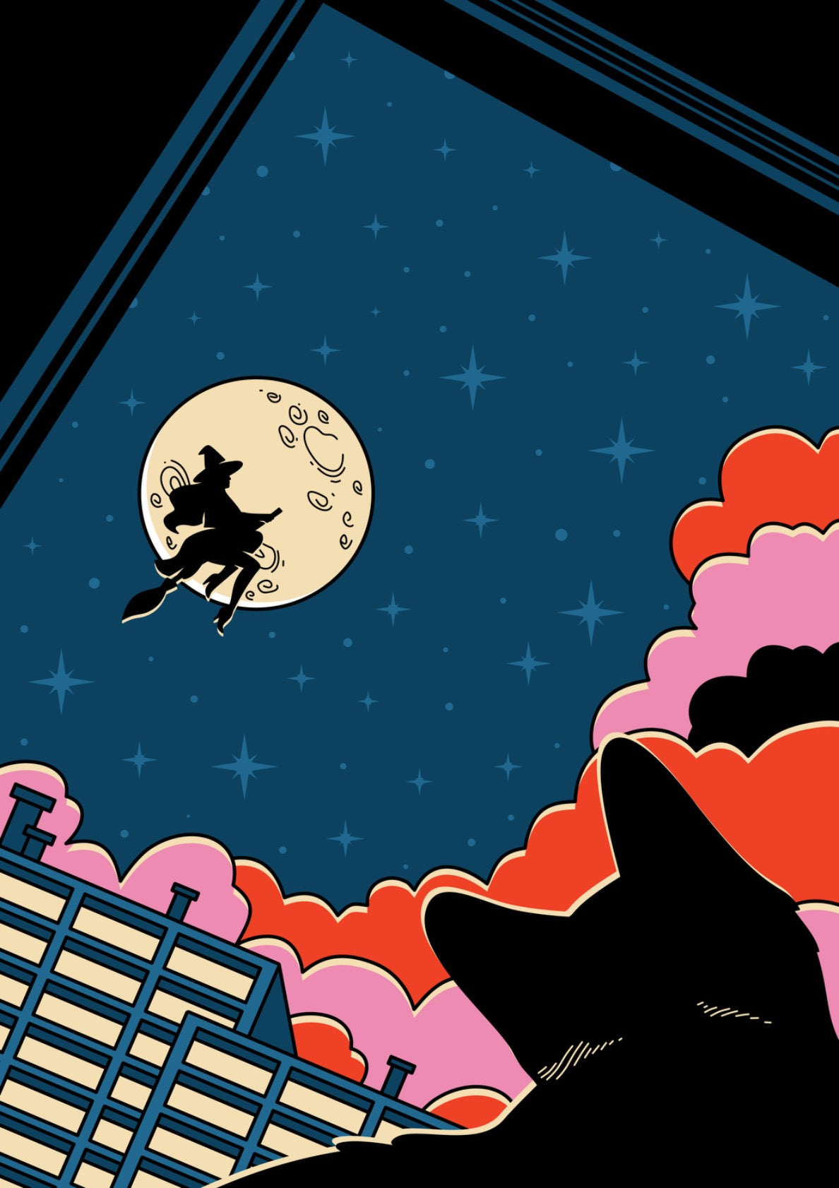 Witchy Black Cat in dark blue