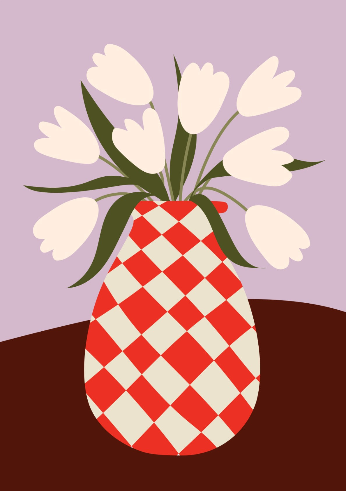 White tulips in a harlequin vase