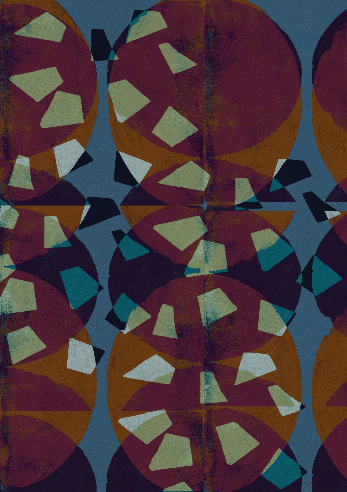 Abstract shapes in purple, ochre, blue and yellow.