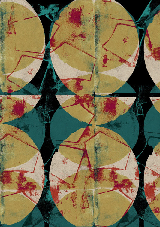 Retro living. Abstract shapes in green, yellow, red and black.