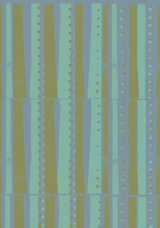 Stripes and squares in slate blue and gold.