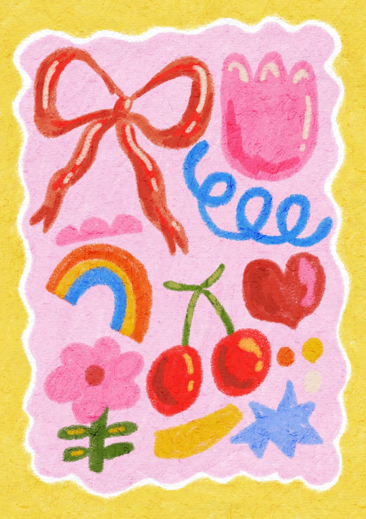 Playful Abstract Collage with Bow, Flowers, and Cherry Illustration