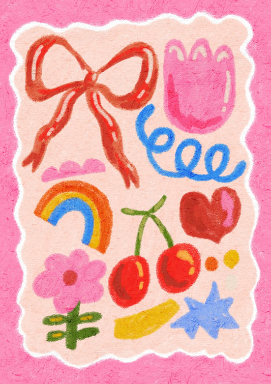 Playful Abstract Collage with Bow, Flowers, and Cherry Illustration