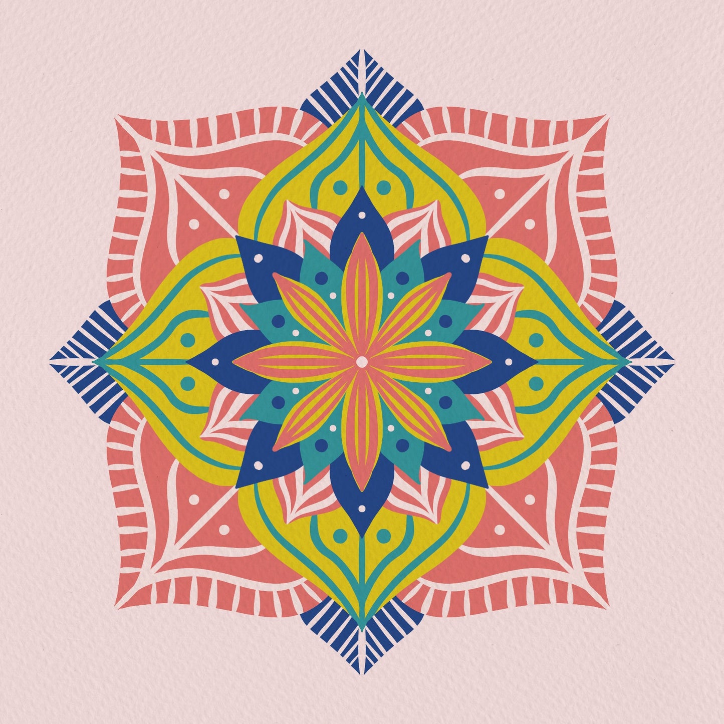 Abstract mandala 2 - coral, blue and yellow