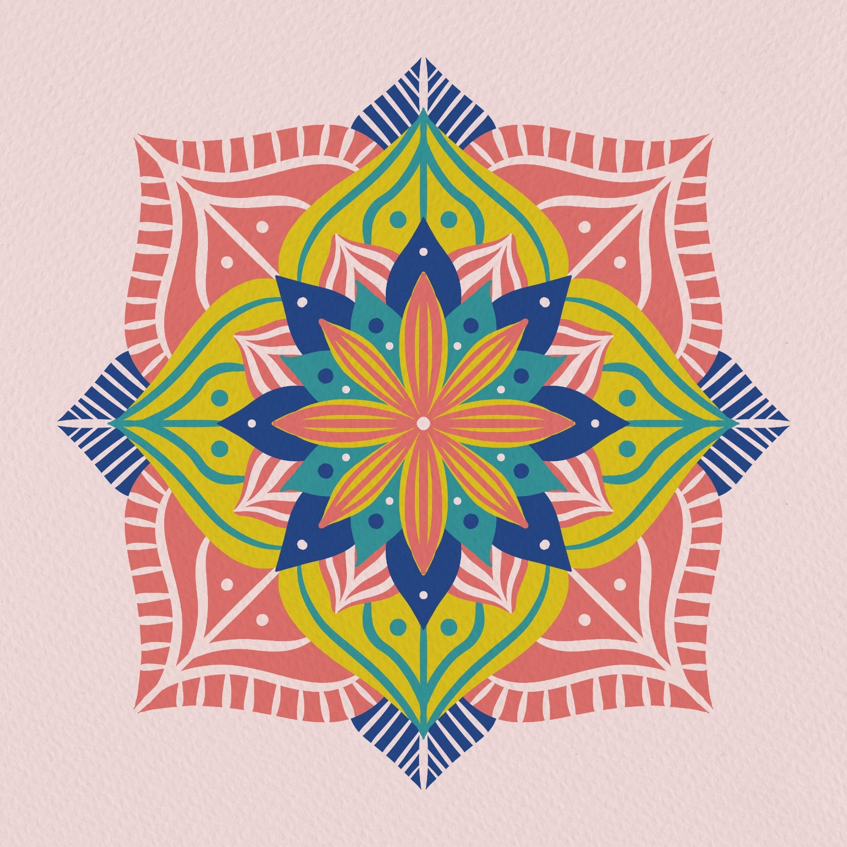 Abstract mandala 2 - coral, blue and yellow