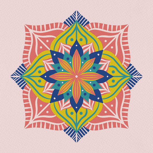 Abstract mandala 2 - coral, blue and yellow