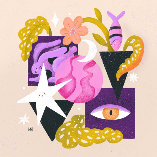 Still life with rabbit, leaves, fish, eye, stars and moon