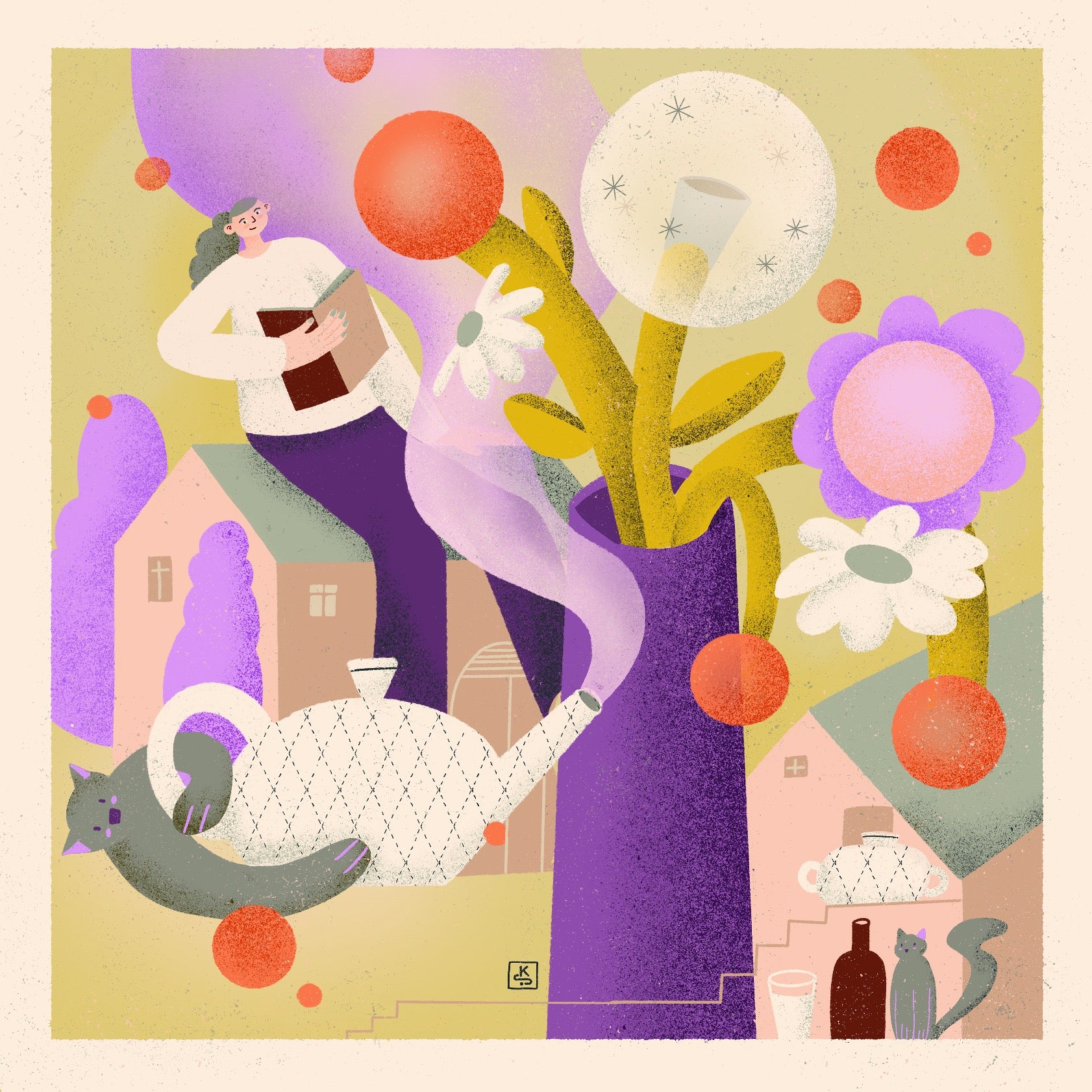 Cosy home with flowers, cats, books and tea Illustration 