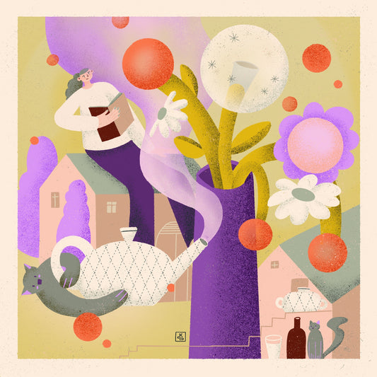 Cosy home with flowers, cats, books and tea Illustration 