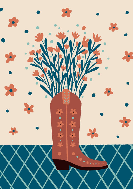 Floral Cowboy boot - mocha and teal