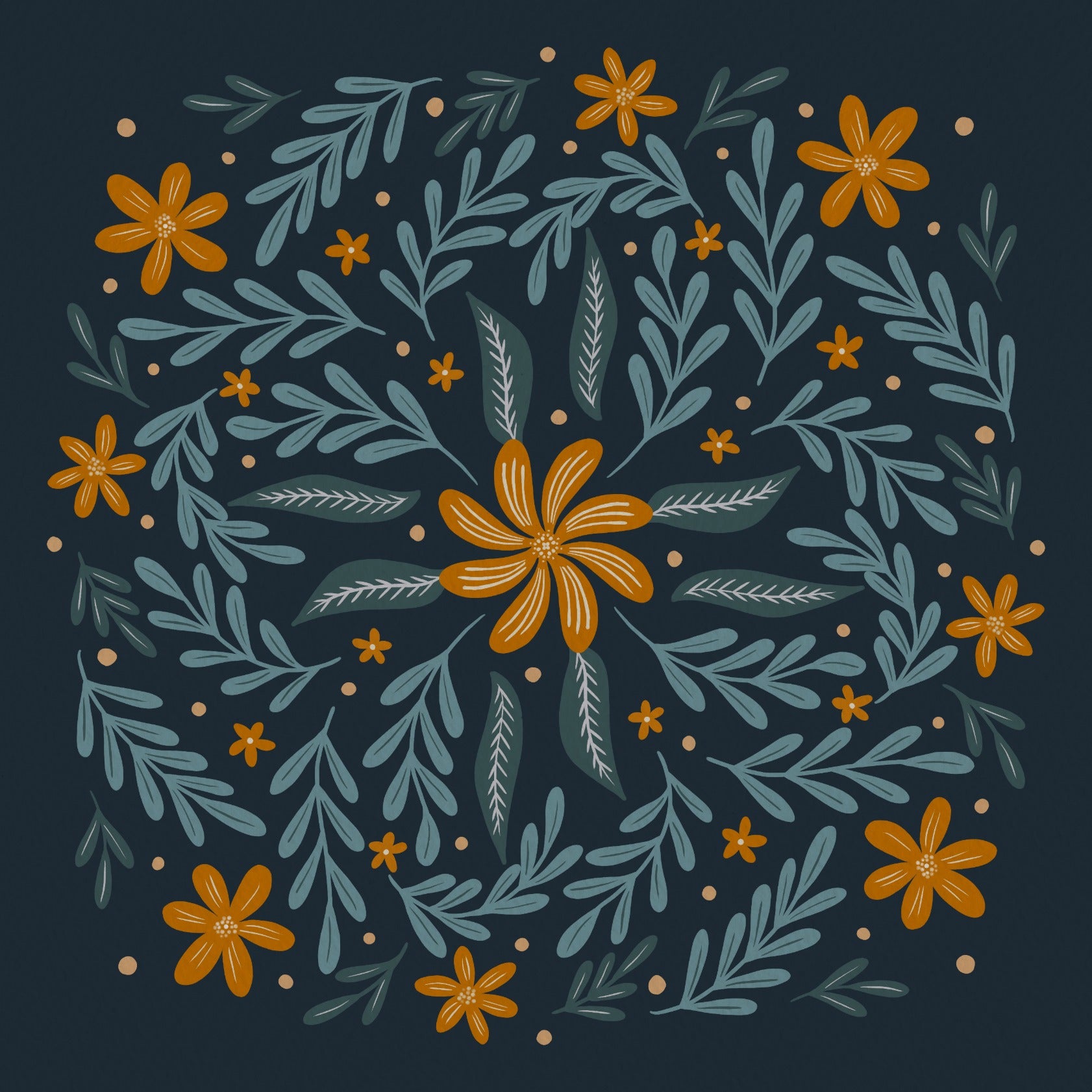 Circular flowers - orange and teal 1