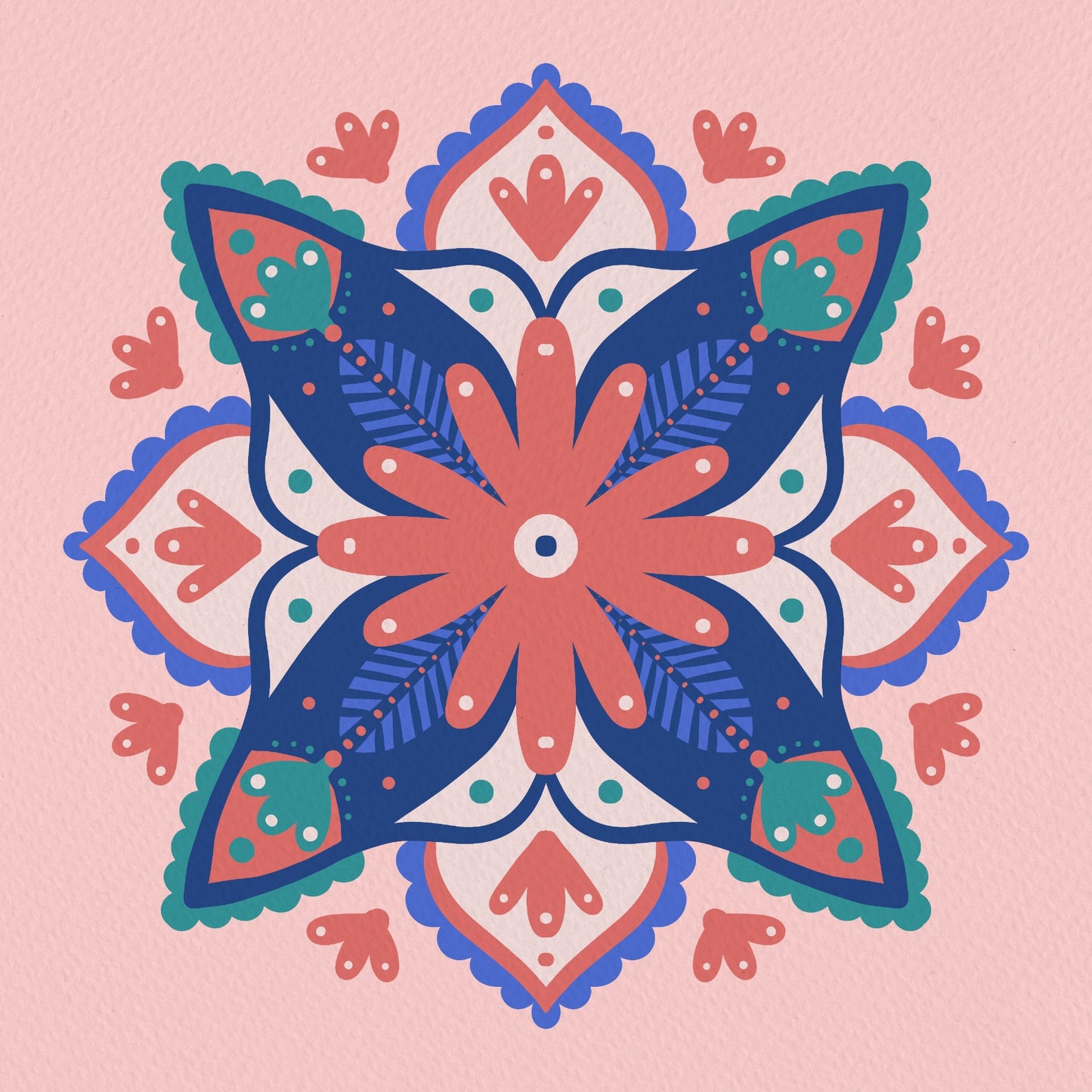 Modern floral mandala - blue, coral and green