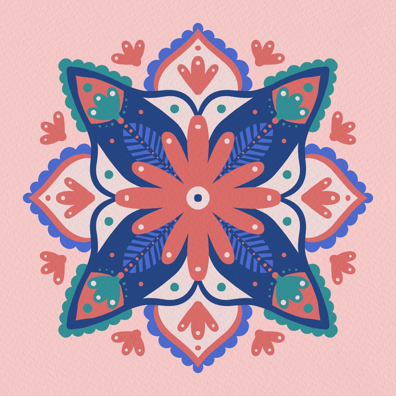Modern floral mandala - blue, coral and green