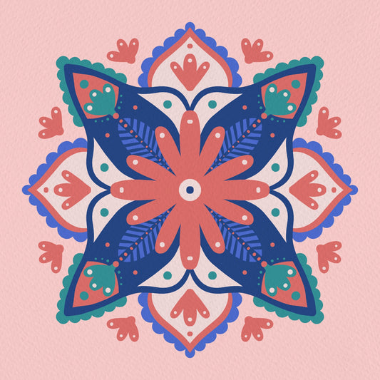 Modern floral mandala - blue, coral and green