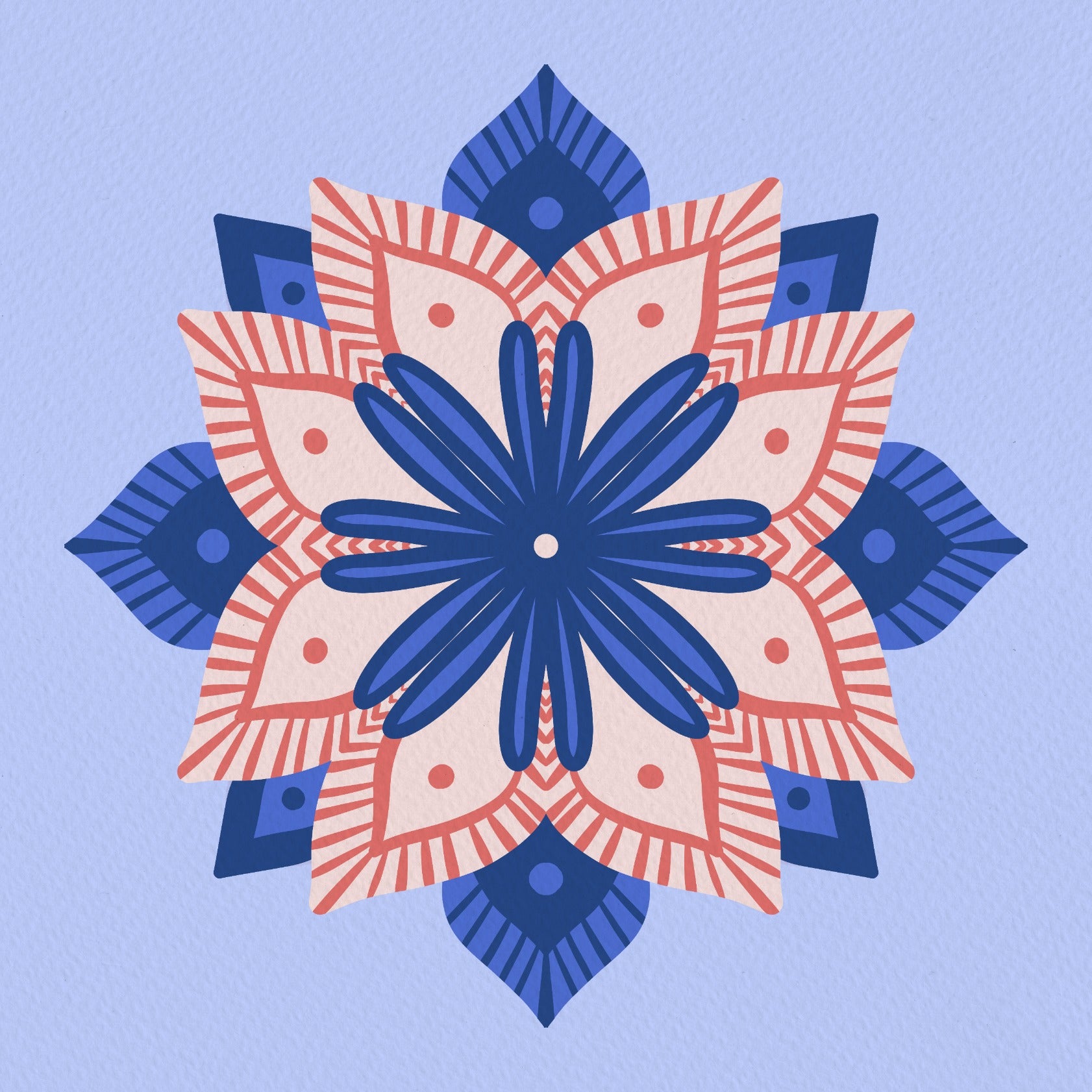 Modern floral mandala - blue and coral 2