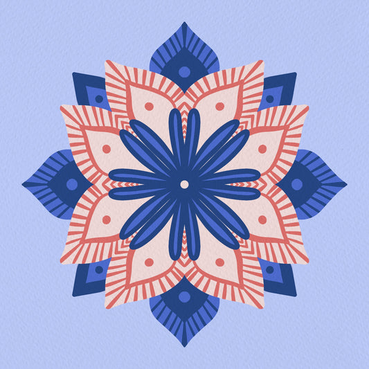 Modern floral mandala - blue and coral 2