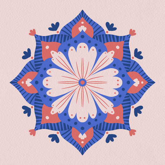 Modern floral mandala - blue and coral 2