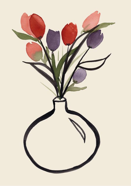 Ink Flowers on Round Vase