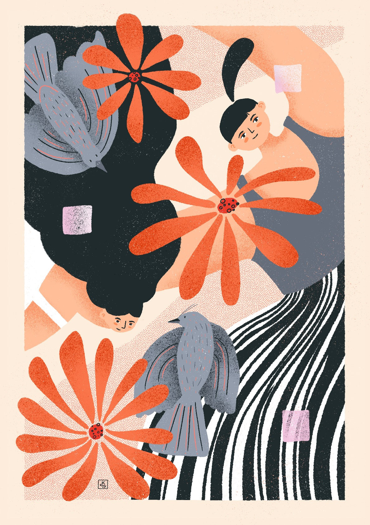 Dancing women with flowers and birds