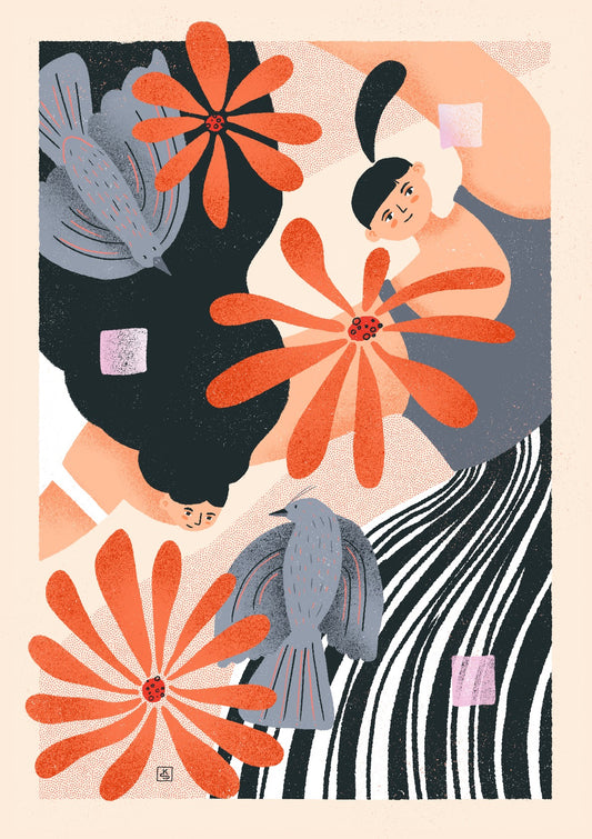 Dancing women with flowers and birds