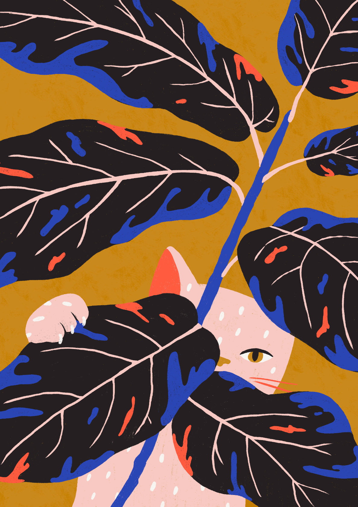 Pink Cat with House Plant